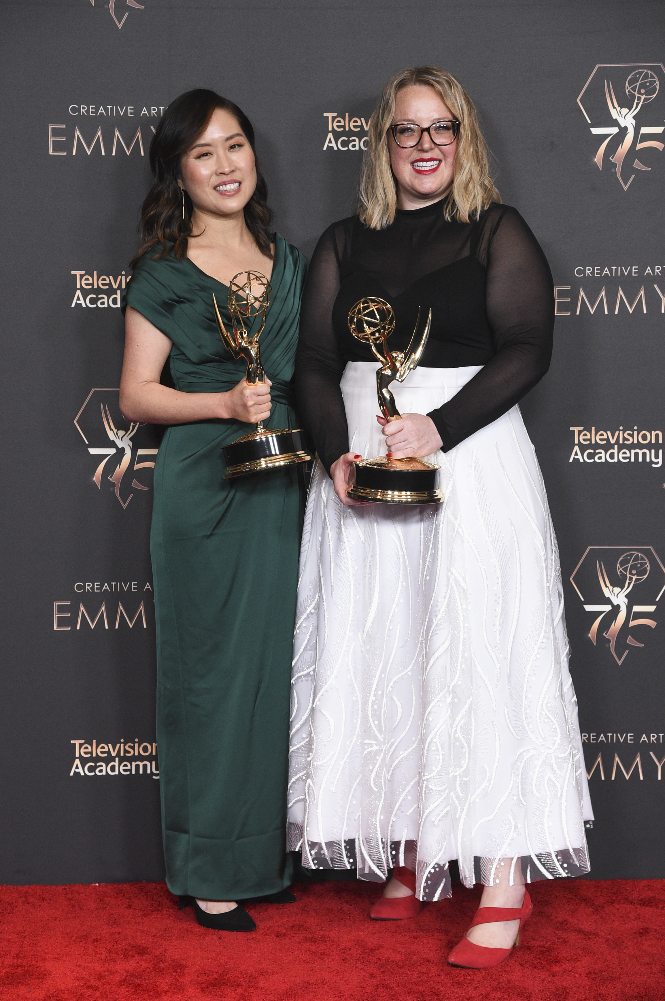 Charlene Lee, left, and Claire Koonce pose in the press room with the award for outstanding casting for a limited or anthology series or movie for "Beef" during night one of the Creative Arts Emmy Awards on Saturday, Jan. 6, 2024, at the Peacock Theater in Los Angeles. (Photo by Richard Shotwell/Invision/AP)